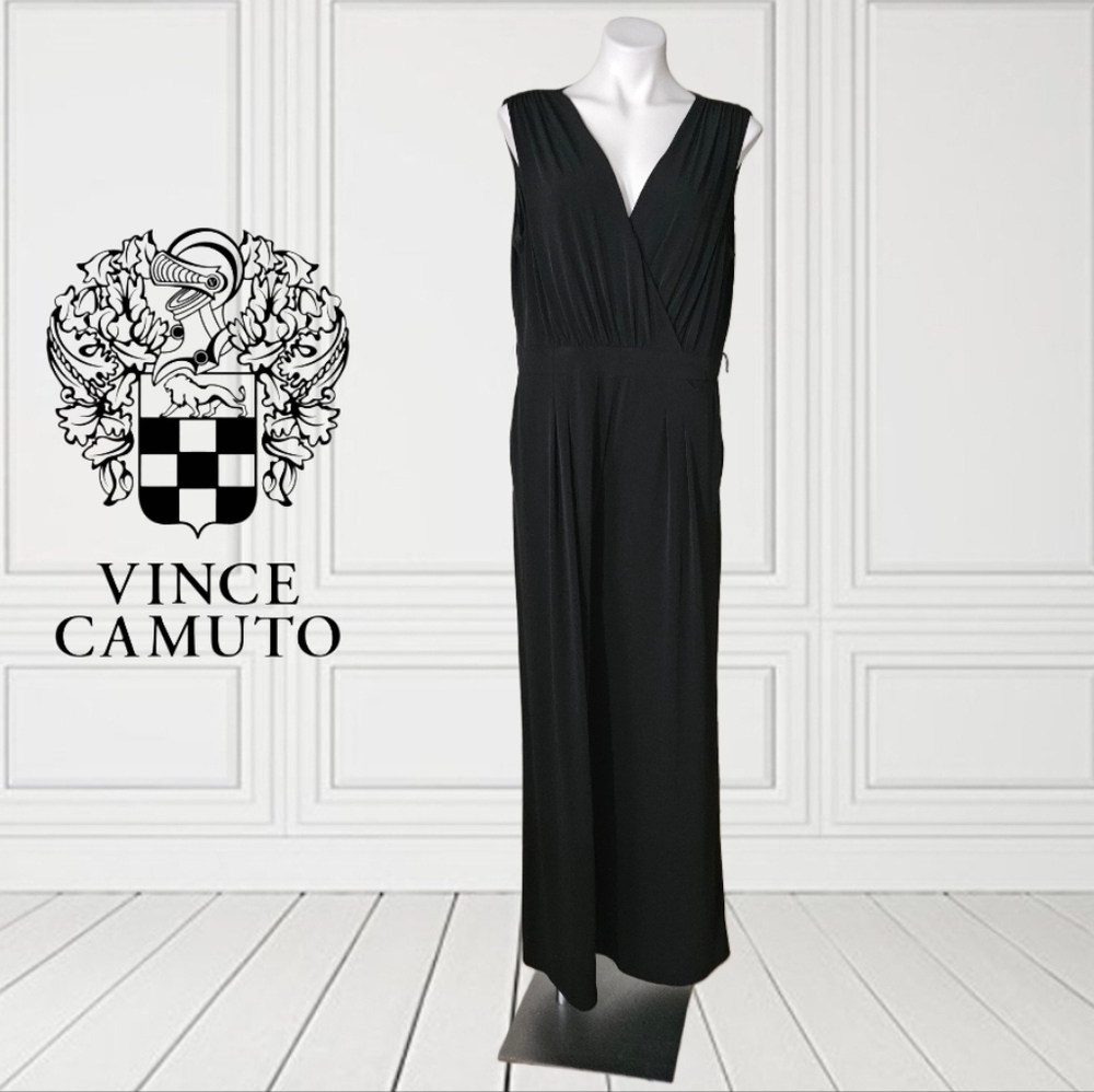 Vince Camuto Black Wide Leg V-Neck Faux Wrap Sleeveless Jumpsuit Size XL